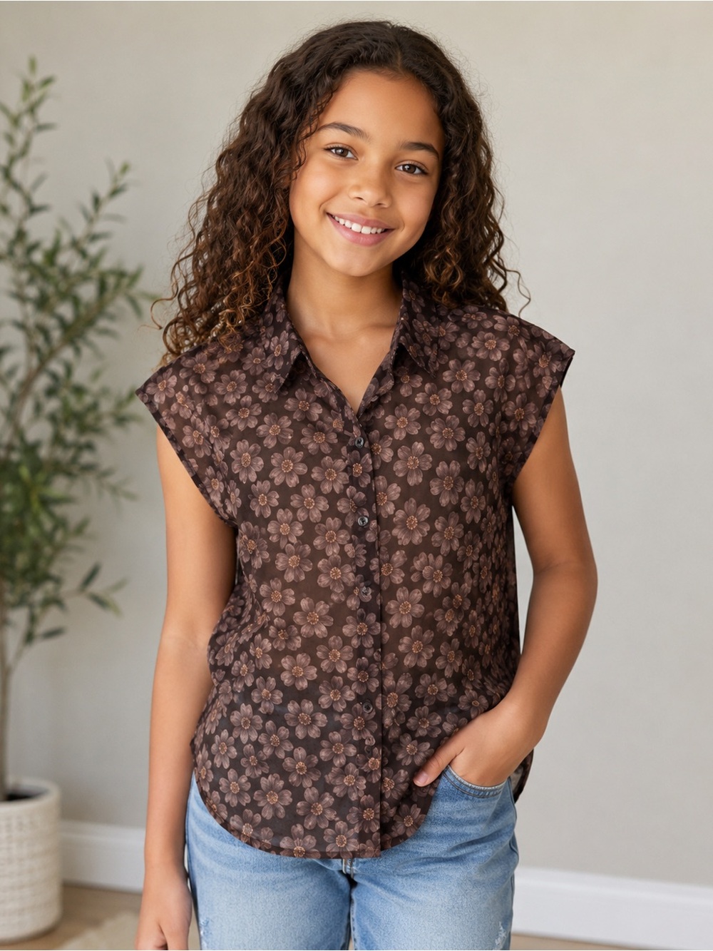 NWT e3 Brown Floral Sheer Button Down Top Girls Approx Size 7-8 / S